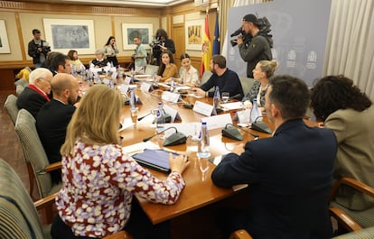 La ministra de Juventud e Infancia, Sira Rego (centro), durante una reunión con las principales entidades sociales del tercer sector, para prevenir y combatir la pobreza infantil, en marzo pasado.