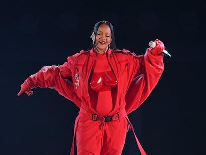 In this file photo taken on February 12, 2023 Barbadian singer Rihanna performs during the halftime show of Super Bowl LVII between the Kansas City Chiefs and the Philadelphia Eagles at State Farm Stadium in Glendale, Arizona.