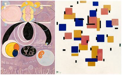 Una de las 'Pinturas para el templo' (1906-1915) de Hilma af Klint, y 'Composition in colour B' (1917), de Mondrian.