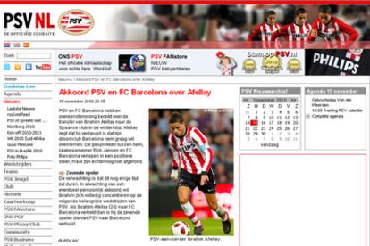 La página web del PSV anuncia el traslado de Afellay al Barcelona.