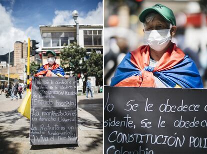 “Estou nesta manifestação porque tenho vontade, gosto, sou feliz. E também para que os jovens tenham um futuro melhor”, proclama Luz Nelly Vargas junto à Plaza de Bolívar, o coração de Bogotá. Aos 75 anos, pula e canta a plenos pulmões o popular “vamos parar para avançar”, o canto que sai dos alto-falantes dos grupos organizados pelas centrais operárias. Usa máscara. Ainda não foi vacinada, mas não tem medo do contágio: “Faz um mês que estou marchando, não me dá preguiça e, graças a Deus, nada”. Trabalhou muitos anos em uma fábrica de bebidas, mas agora se dedica às tarefas domésticas. Marcha quase diariamente com o filho René, de 52 anos, “incentivando os jovens”. Eles vêm de Soacha, município próximo à capital que foi palco de protestos, tumultos e da queima de um ônibus articulado esta semana. “Gostem eles ou não, a greve não vai parar”, diz.