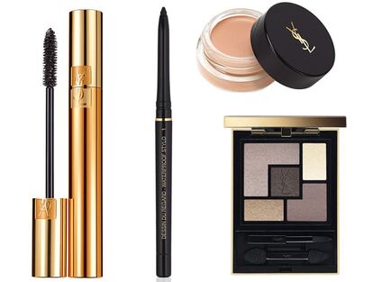 Máscara de pestañas, lápiz negro, primer de ojos y sombras. Todo de Yves Saint Laurent.