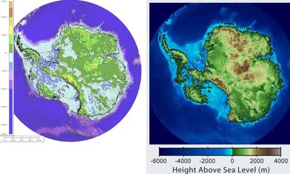 La Antártida sin hielo. El mapa de la izquierda muestra lo que pasaría si elimináramos de repente todo el hielo que cubre la Antártida. El de la derecha considera los efectos del rebote isostático y la subida del nivel del mar debida a toda la fusión del hielo.