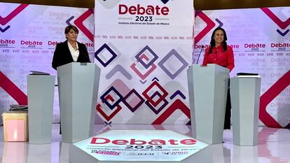 Las candidatas a la gubernatura del Estado de México, Delfina Gómez y Alejandra del Moral, durante el debate.