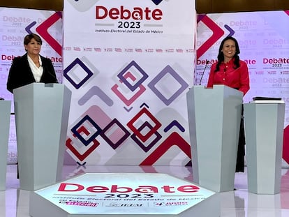Las candidatas a la gubernatura del Estado de México, Delfina Gómez y Alejandra del Moral, durante el debate.