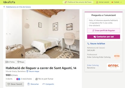 Anuncio de la habitación que hay justo encima de un inquilino en el coliving de Gràcia. El precio de este espacio es mayor que el del alquiler que el vecino paga por el piso entero.