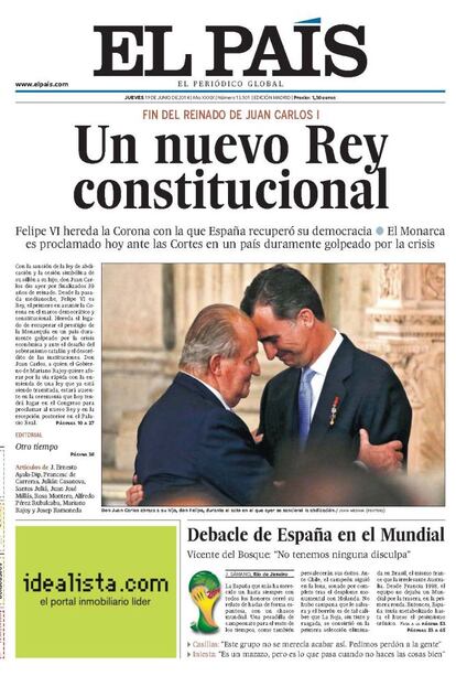 Tras la abdicación que puso fin al reinado de Juan Carlos I, se puso en marcha el proceso que diera inicio al reinado de Felipe VI. La simbólica cesión del sillón y la sanción de la ley de abdicación fueron los hitos reflejados en la fotografía de esta portada.<p> <b>Noticia</b>: <a href="http://politica.elpais.com/politica/2014/06/18/actualidad/1403107426_009520.html" target="blank">El Rey sanciona la ley orgánica de su abdicación en Felipe VI</a>