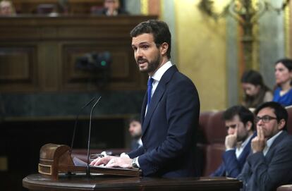 El líder del PP, Pablo Casado, durante su intervención este martes en el Congreso.