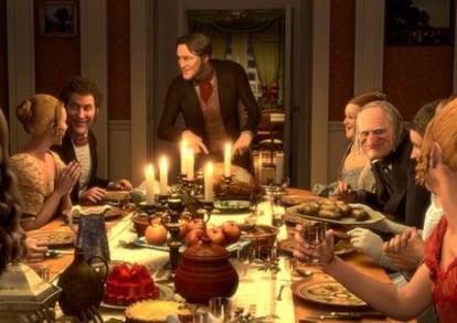 Fotograma de <i>Cuento de Navidad</i>, de Robert Zemeckis, con Colin Firth (en el centro) y Jim Carrey (a la derecha).