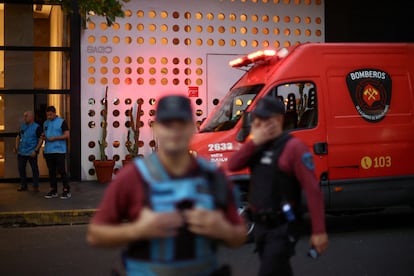 Emergency services personnel outside the hotel where Liam Payne was found.