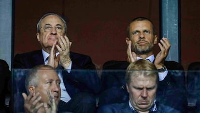 Florentino Perez, y el presidente de la UEFA, Aleksander Ceferin.