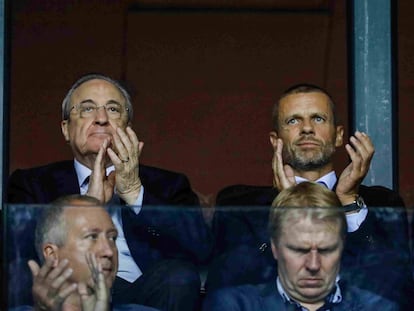 Florentino Perez, y el presidente de la UEFA, Aleksander Ceferin.