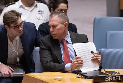 Gilad Erdan, representante israelí ante la ONU, durante el Consejo de Seguridad celebrado el miércoles en Nueva York. 