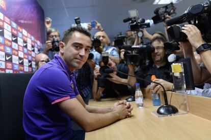 Xavi Hernández, en su despedida en la sala de prensa de la ciudad deportiva.