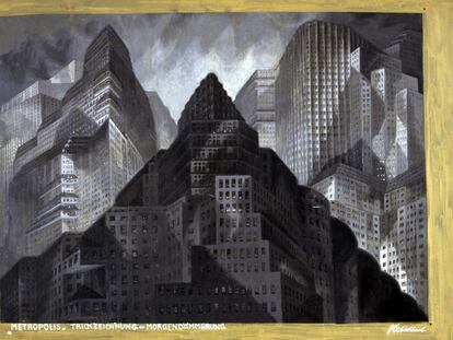 Un dibujo de Erich Kettelhut para el escenario de la ciudad alta.