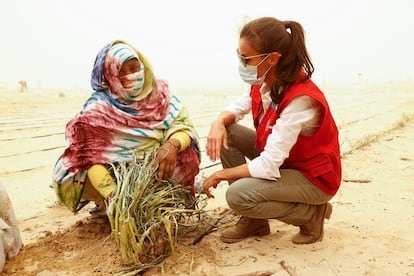 La reina Letizia, protegida con gafas y mascarilla con motivo de la tormenta de arena registrada, habla con una mujer durante su visita a un proyecto de huertos urbanos financiado por la cooperación española en Nuakchot (Mauritania), el 2 de junio de 2022.