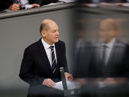 El canciller alemán, Olaf Scholz, durante su intervención este miércoles en el Bundestag.