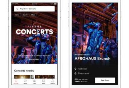 Pantallazo de conciertos ofrecidos por Airbnb a sus usuarios.