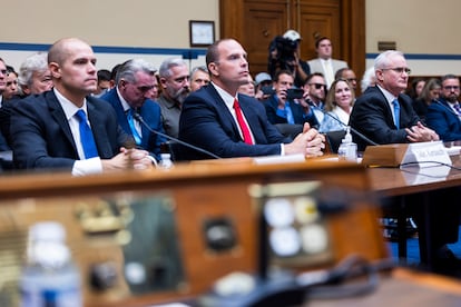 Executive Director of Americans for Safe Aerospace Ryan Graves, whistleblower and former representative on the Defense Department's Unidentified Aerial Phenomena Task Force David Grusch, and retired Navy Commander David Fravor testify before a House Oversight and Accountability Committee hearing about UFOs in the Rayburn House Office Building in Washington, DC, USA, 26 July 2023.