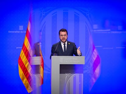 El presidente de la Generalitat, Pere Aragonès, este martes en rueda de prensa.