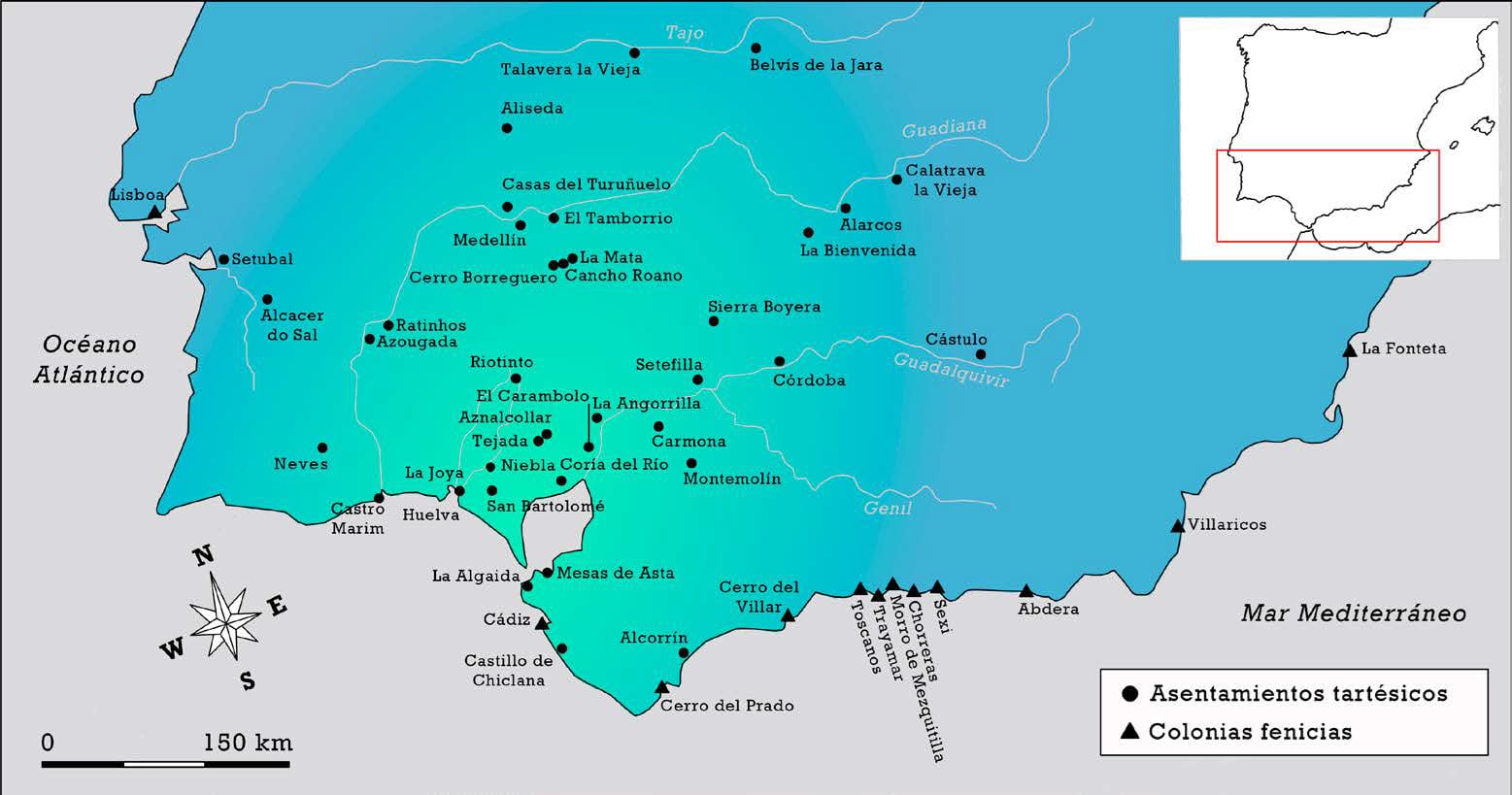 Localización de asentamientos tartésicos en un plano elaborado por Esther Rodríguez.
