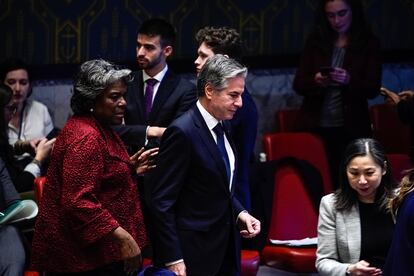 Antony Blinken (centro), este martes a su llegada al Consejo de Seguridad de la ONU.