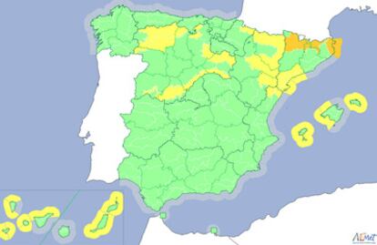 Mapa de las alertas meteorológicas de la AEMET para hoy.