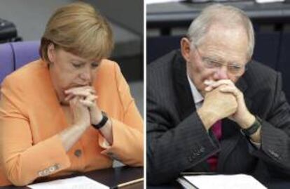 Combo de la canciller alemana, Angela Merkel, y el ministro de Finanzas, Wolfgang Schaeuble, durante la sesión extraordinaria del Bundestag (cámara baja alemana), en la que se votó la participación de su país en la ayuda a la banca española. EFE/Archivo