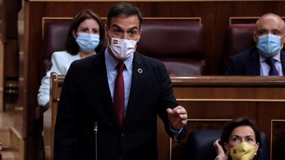 GRAF5183. MADRID, 16/09/2020.- El presidente del Gobierno, Pedro Sánchez durante su intervención en la sesión de control al Gobierno que se celebra este miércoles en el Congreso. EFE/ J.J. Guillén