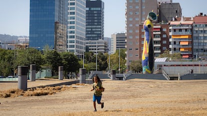 El césped del parque Joan Miró, en Barcelona, completamente seco en una foto tomada en agosto de 2023.