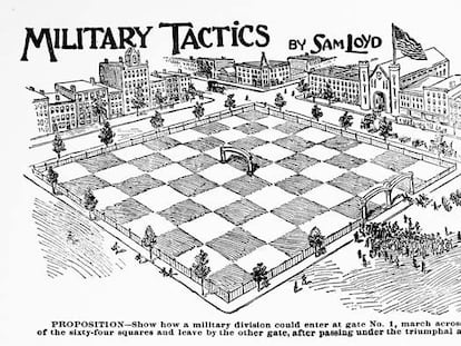 Ilustración original de un acertijo ajedrecístico de Sam Loyd.