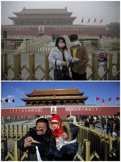 A combination photo shows visitors posing for photographs in front of the Tiananmen Gate and the giant portrait of Chinese late Chairman Mao Zedong on a smoggy day on December 1, 2015 (top), and on a sunny day on December 2, 2015 (bottom), after a fresh cold front cleared the smog that was blanketing Beijing, China. REUTERS/Damir Sagolj