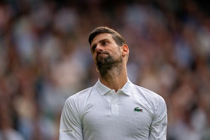 Novak Djokovic (SRB) reacts to a point during the men’s singles final against Carlos Alcaraz (ESP) on day 14 at the All England Lawn Tennis and Croquet Club.