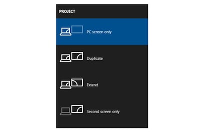 Menú pop up de los ajustes de proyección en Windows 10. Con pulsar P cuatro veces los resetearemos