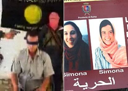 A la izquierda, dos secuestradores apuntan a la cabeza de un camionero turco. A la derecha, las fotos de las dos cooperantes italianas secuestradas en Bagdad se exhiben en un edificio oficial de Roma.