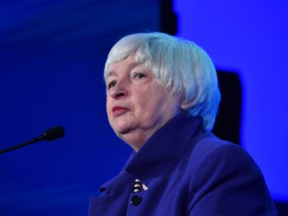 La secretaria del Tesoro de EE UU, Janet Yellen, en una conferencia en Washington.