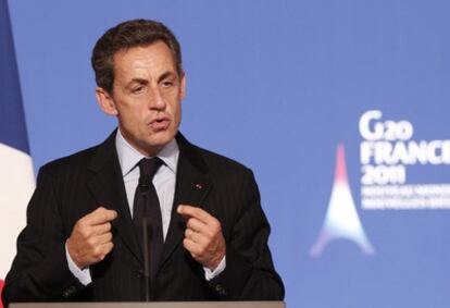 El presidente francs Nicolas Sarkozy pronuncia un discurso durante la reunin de los ministros de Agricultura del G20 que se celebra en Pars, Francia.