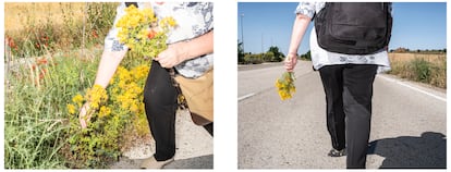 
Elena, con las flores que ha recogido en el camino a la cárcel. 
