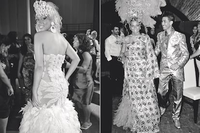 A la izquierda, Aroa con su segundo vestido (ella llevó cuatro). A la derecha, Samara lleva el tercer vestido de la fiesta, el más llamativo y extravagante. En esta ocasión, su marido José eligió un traje a juego, con tejido satinado, colores brillantes y bordados.