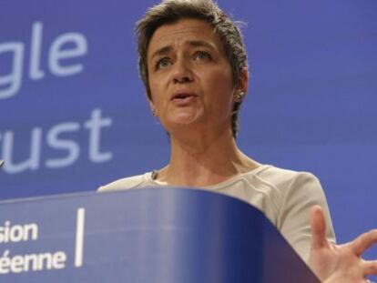 La comisaria europea de Competencia, Margrethe Vestager, durante la rueda de prensa de hoy.