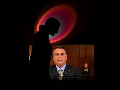 Mulher grita "Fora, Bolsonaro" enquanto presidente brasileiro discursa na TV.