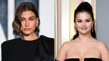 Model Hailey Bieber (left) and actress and singer Selena Gomez.