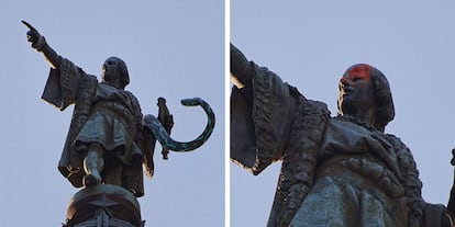 En Barcelona, el monumento 'atacado' por el ofidio que simboliza al virus en el vídeo es la estatua de Colón.