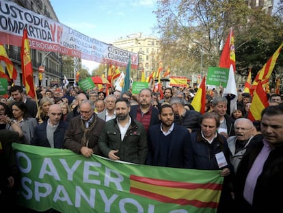 Santiago Abascal, en la manifestación por la Constitución en Barcelona. En la parte superior de la imagen, se puede ver la pancarta que reclama la derogación de la ley de violencia de género.