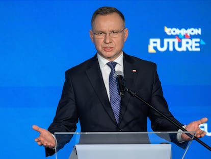 El presidente polaco, Andrzej Duda, este viernes en el Congreso para la Reconstrucción de Ucrania, en Poznan.