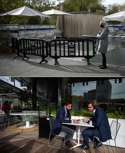 Arriba, zona de restauracion clausurada del centro comercial Illa Diagonal de Barcelona. Abajo, dos hombres esperan su pedido dentro de un restaurante a la hora de comer en la zona de oficinas de Azca en Madrid. Foto: