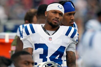 Indianapolis Colts cornerback Isaiah Rodgers (34) looks on during an NFL football game, Sunday, Nov. 6, 2022, in Foxborough, Mass.