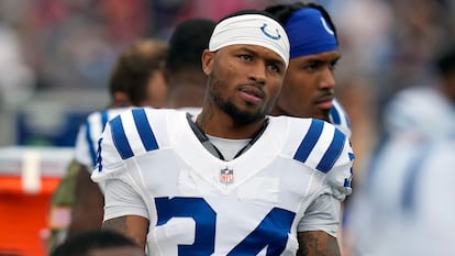 Indianapolis Colts cornerback Isaiah Rodgers (34) looks on during an NFL football game, Sunday, Nov. 6, 2022, in Foxborough, Mass.