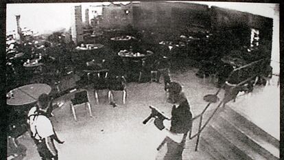 LITTLETON, CO - APRIL 20: (VIDEO CAPTURE) Columbine high school shooters Eric Harris (L) and Dylan Klebold appear in this video capture of a surveillance tape released by the Jefferson County Sheriff's Department in the cafeteria at Columbine High School April 20, 1999 in Littleton, CO during their shooting spree which killed 13 people.   (Photo courtesy of Jefferson County Sheriff's Department via Getty Images)