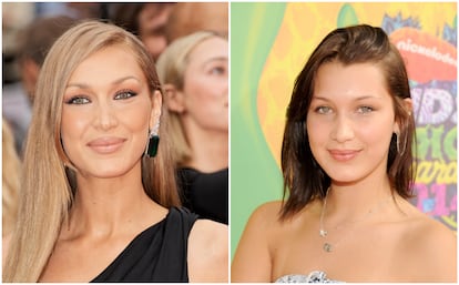 La modelo Bella Hadid en una imagen de 2025 y, a la derecha, en 2014.
